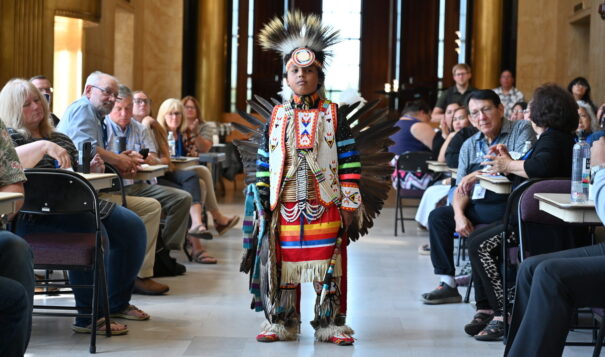 Berkley Chaske from Spirit Lake, now a seventh grader at Wachter Middle School in Bismarck, performed for a cultural presentation at the Indian Education Summit on July 6, 2023. (Photo courtesy of the Department of Public Instruction)