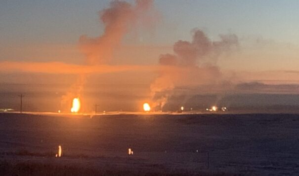 Flares at well pad sites began to dominate the landscape of the Fort Berthold Reservation since the first oil leases were signed in 2007 as seen in this Feb. 8, 2019 photo. The EPA announced July 11 it "will hold corporate polluters like Marathon accountable for violations that put communities and our futures at risk,” said Assistant Administrator David M. Uhlmann of EPA’s Office of Enforcement and Compliance Assurance. (Photo Credit, James Brugh)