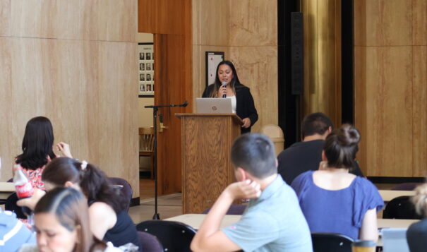 Shayla Davis, a member of the Mandan, Hidatsa and Arikara Nation and part of the Superintendent’s Student Cabinet, speaks before tribal educators at the 10th annual Indian Education Summit at the North Dakota Capitol in Bismarck on July 19, 2024. (Mary Steurer/North Dakota Monitor)