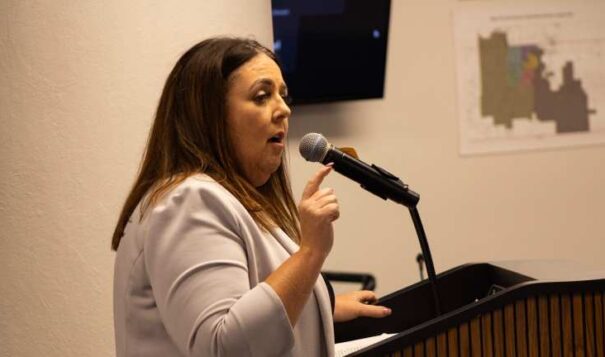 Nicole Swigart addressed the school board on Tuesday night to discuss her proposed termination. (Photo by Amelia Schafer, ICT/Rapid City Journal)