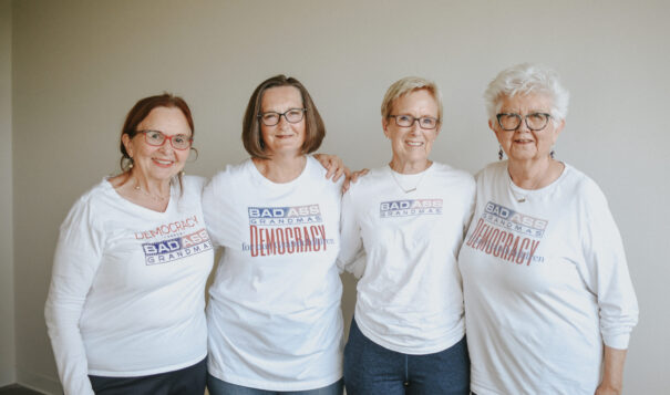  Sarah Vogel, from left, Kathy Tweeten, Ellen Chaffee and Dina Butcher founded the BadAss Grandmas for Democracy. (Photo by Leah Black Photography, @leablackco)