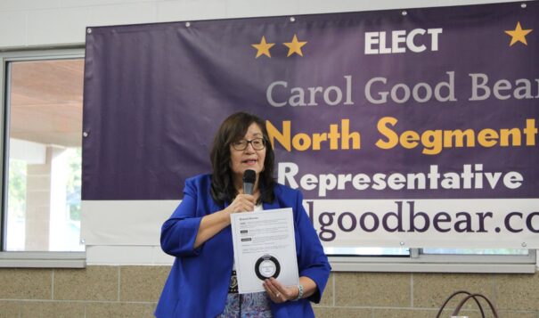 Carol Good Bear, a candidate for the North Segment, said the tribal council went against the Three Affiliated Tribes Constitution. She spoke to guests about their rights during a campaign event on Sept. 3. (Photo credit/ Adrianna Adame)