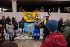  Opponents of the Dakota Access Pipeline gather Nov. 1, 2023, in Bismarck ahead of a U.S. Army Corps of Engineers public meeting on an environmental impact statement. The Standing Rock Sioux Tribe opposes the pipeline, citing concerns for its water supply. (Kyle Martin/For the North Dakota Monitor)