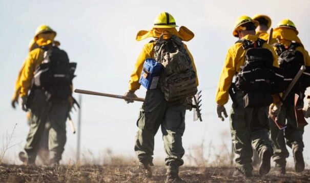  North Dakota National Guard soldiers and airmen worked with the Department of Emergency Services to build a handline and conducted a controlled burn to prevent the further spread of a wildfire near Mandaree on Oct. 6, 2024. Gov. Doug Burgum declared a statewide fire emergency and activated the North Dakota National Guard. (U.S. Army National Guard photo by Staff Sgt. Samuel J. Kroll, visual information photographer)