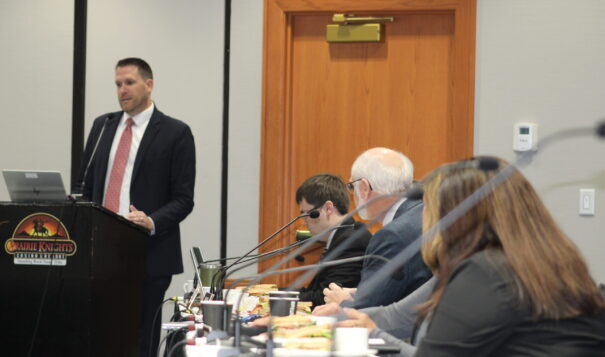  Members of the North Dakota Legislature listen as Secretary of State Michael Howe speaks on efforts to improve access to voting on tribal reservations at a Tribal and State Relations Committee at Prairie Knights Casino on Oct. 9, 2024. (Mary Steurer/North Dakota Monitor)