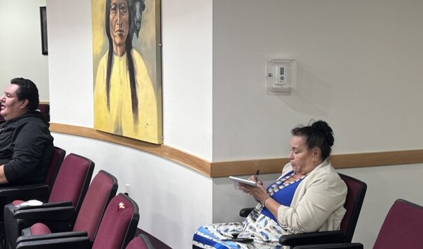 Documenter Avis Red Bear takes notes on Oct. 2 during the Standing Rock Sioux Tribe’s monthly council meeting. (Photo Credit/ Jodi Rave Spotted Bear)