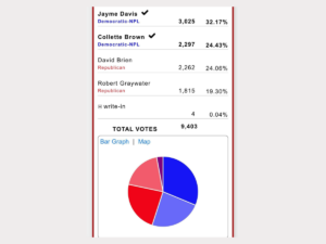 According to the North Dakota Secretary of State, Davis received 32% of the vote. Brown and Brien were closely matched, each earning about 24%, with Brown winning by just 35 votes. Graywater received 19%. (Screenshot taken from the North Dakota Secretary of State)