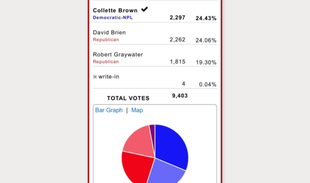 According to the North Dakota Secretary of State, Davis received 32% of the vote. Brown and Brien were closely matched, each earning about 24%, with Brown winning by just 35 votes. Graywater received 19%. (Screenshot taken from the North Dakota Secretary of State)