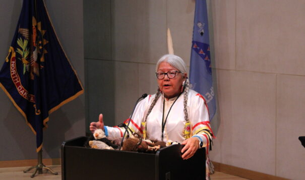 JT Shining Oneside shared stories about her Ojibwe and Anishinaabe inheritance during the Native American Heritage Month Celebration on Nov. 15. She spoke about the coming-of-age and traditional birth ceremonies. (Photo credit/ Adrianna Adame)