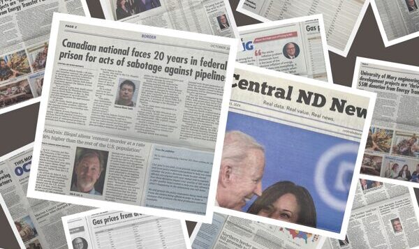 These are pages from the Central ND News, a newspaper that showed up at North Dakotans’ homes purporting to provide local news. Instead, the paper is aimed at maligning protests of the Dakota Access Pipeline from eight years ago and boosting key Republican campaign talking points. (Lee Pedinoff / Floodlight)