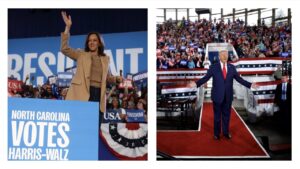  Democratic nominee Vice President Kamala Harris, left, campaigns on Nov. 2, 2024 in Charlotte, North Carolina, while the Republican nominee, former President Donald Trump, speaks to a crowd in Raleigh, North Carolina, on Nov. 4, 2024. (Getty photos, of Harris by Justin Sullivan and of Trump by Chip Somodevilla)
