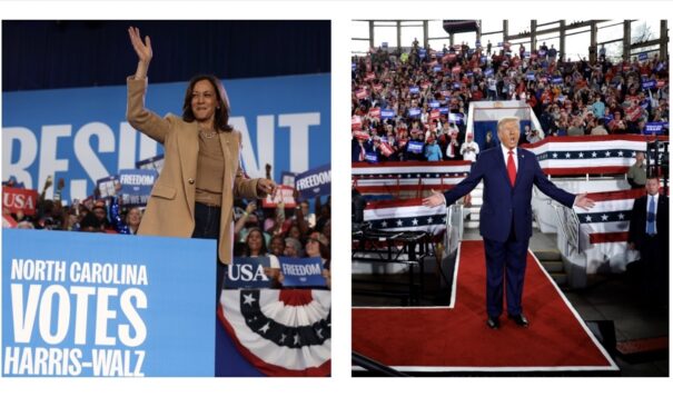  Democratic nominee Vice President Kamala Harris, left, campaigns on Nov. 2, 2024 in Charlotte, North Carolina, while the Republican nominee, former President Donald Trump, speaks to a crowd in Raleigh, North Carolina, on Nov. 4, 2024. (Getty photos, of Harris by Justin Sullivan and of Trump by Chip Somodevilla)
